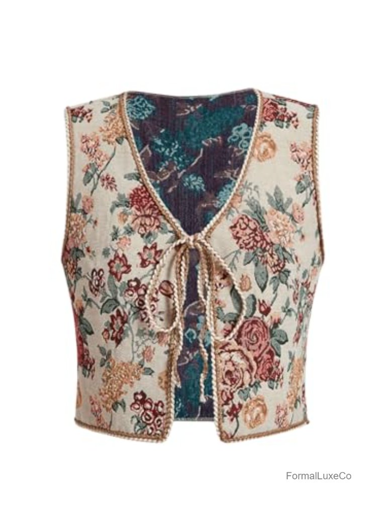 Vintage Boho Western Floral Embroidered Crop Vest Top